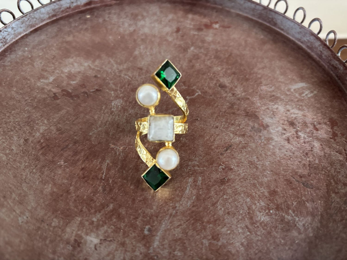 Moonstone & Green Onyx gemstone wrap ring — raw moonstone, faceted green onyx and pearls on a textured gold-plated band