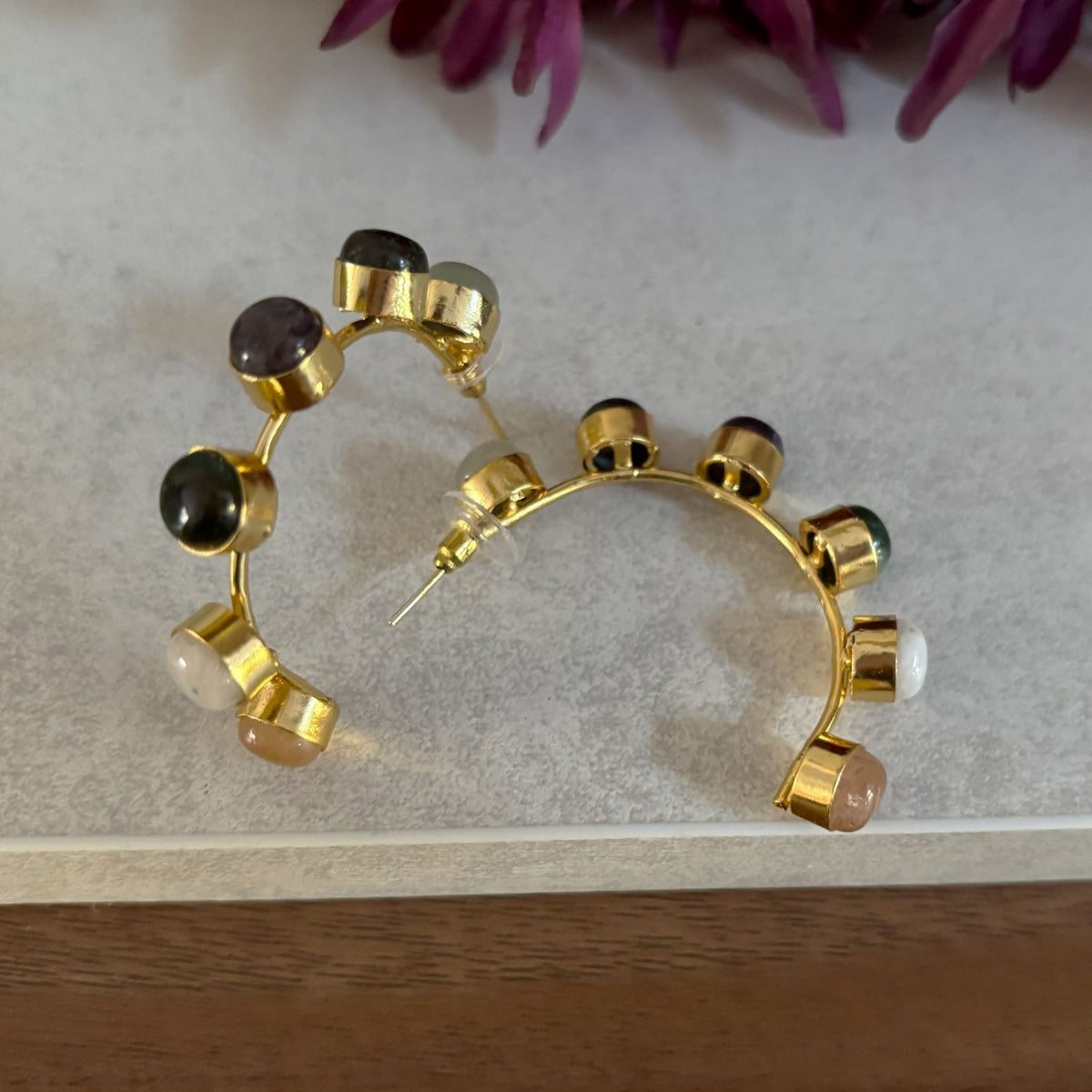 Natural Stone Gold Hoop Earrings — Painted Desert in Multi-Stone, jewel-toned cabochons in gold cup settings