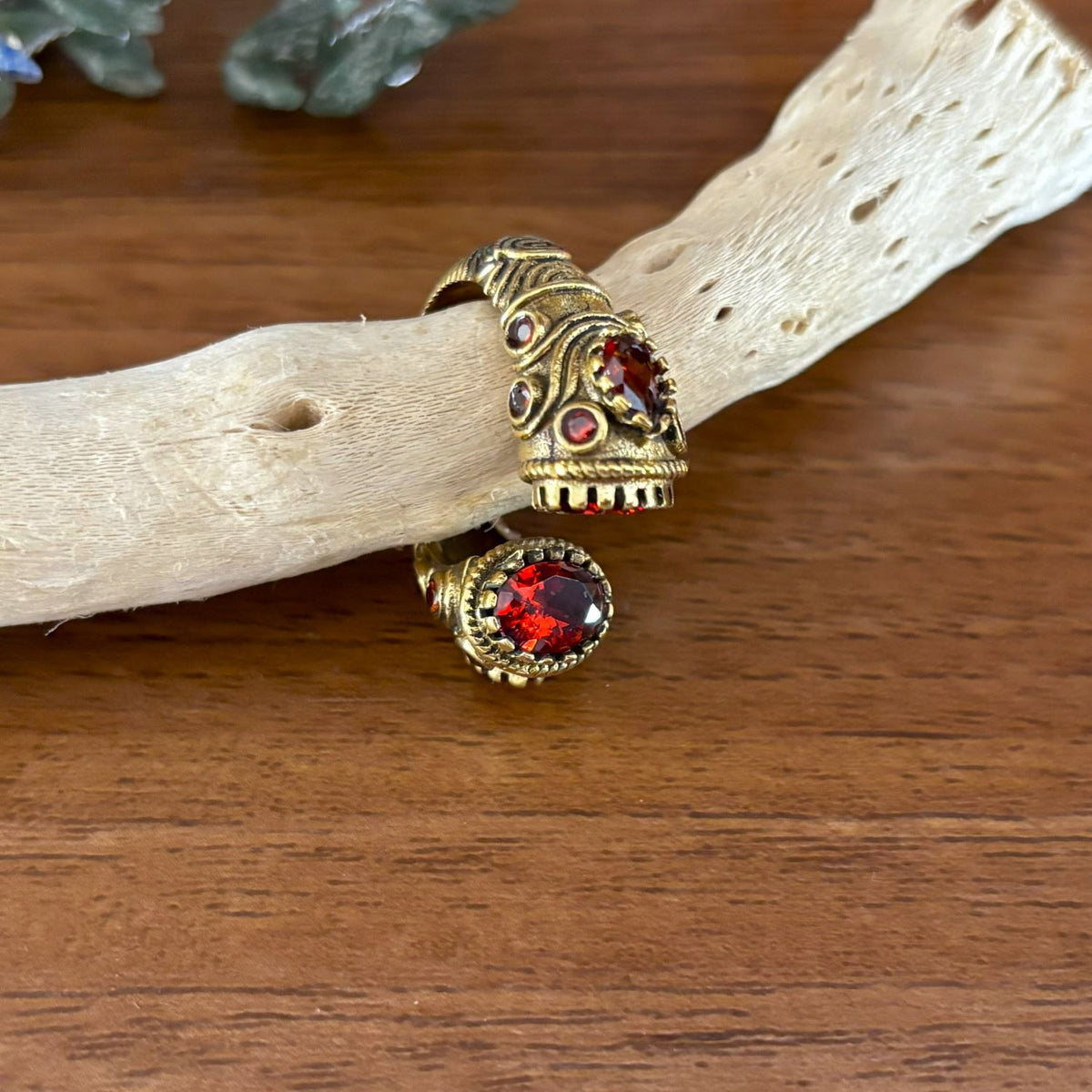 Antique Brass Adjustable Bypass Ring — Twin Crowns in Burnt Orange — faceted glass crown settings