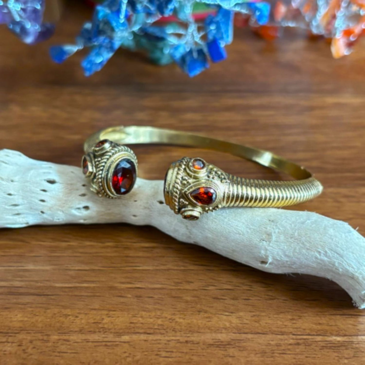 Adjustable Brass Cuff Bangle — Temple Twilight in Burnt Orange — faceted glass set in jewelled brass terminals