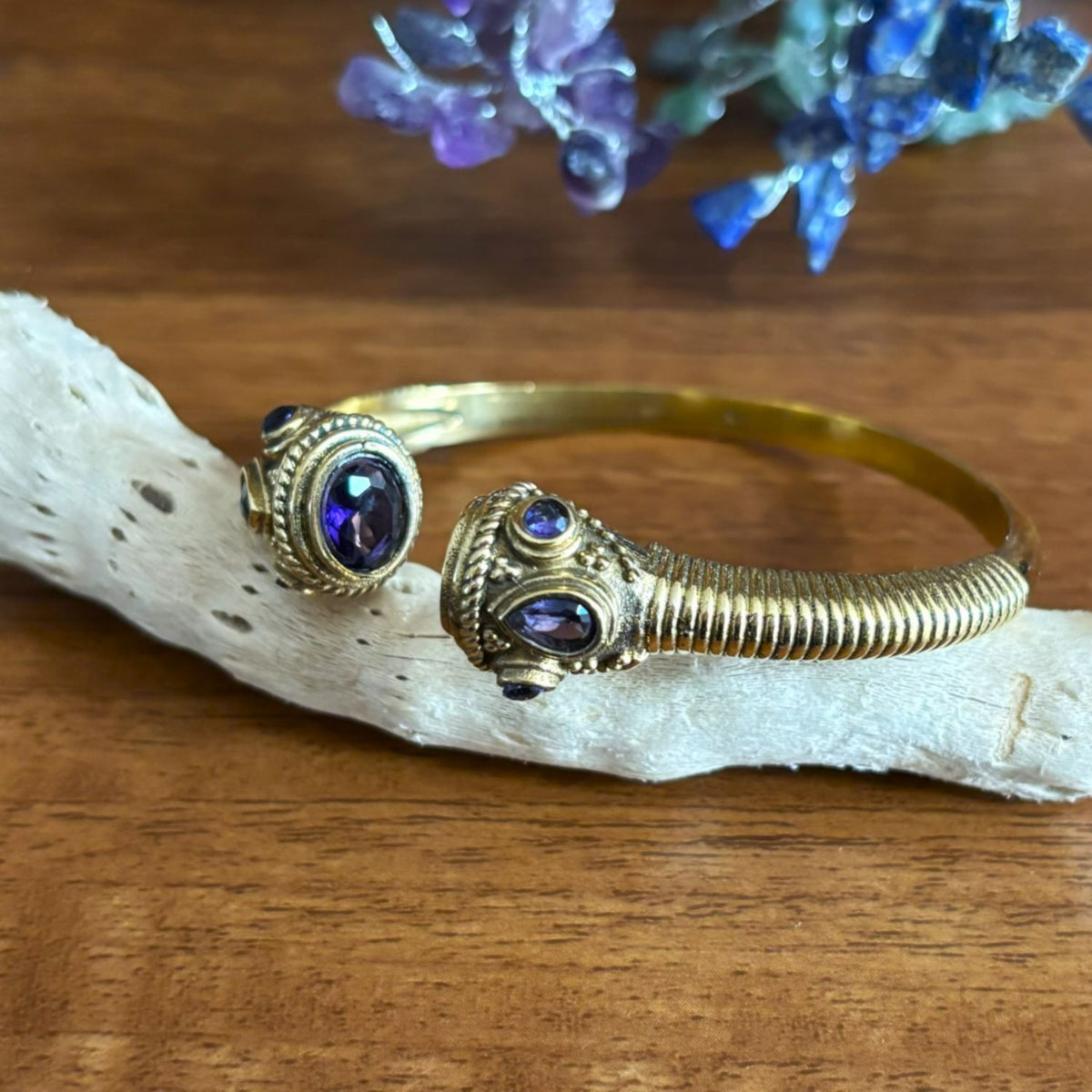 Adjustable Brass Cuff Bangle — Temple Twilight in Royal Purple — faceted glass set in jewelled brass terminals