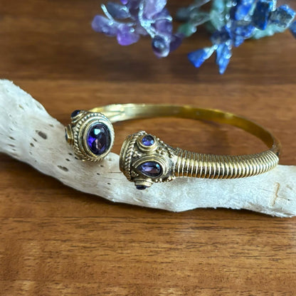Adjustable Brass Cuff Bangle — Temple Twilight in Royal Purple — faceted glass set in jewelled brass terminals