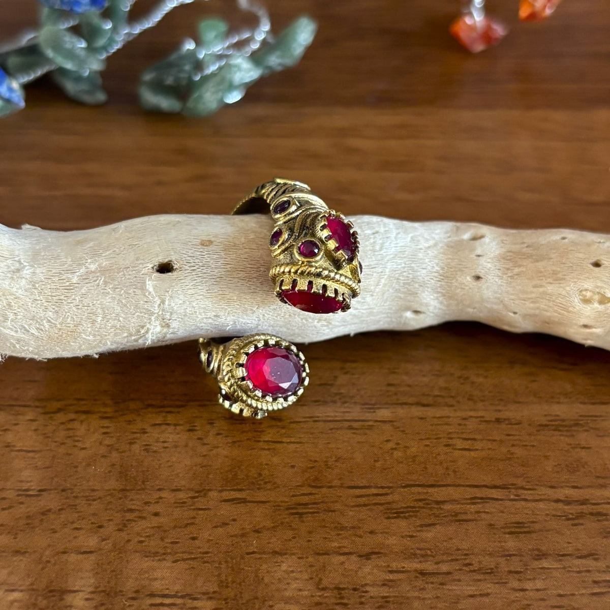 Antique Brass Adjustable Bypass Ring — Twin Crowns in Raspberry Red — faceted glass crown settings