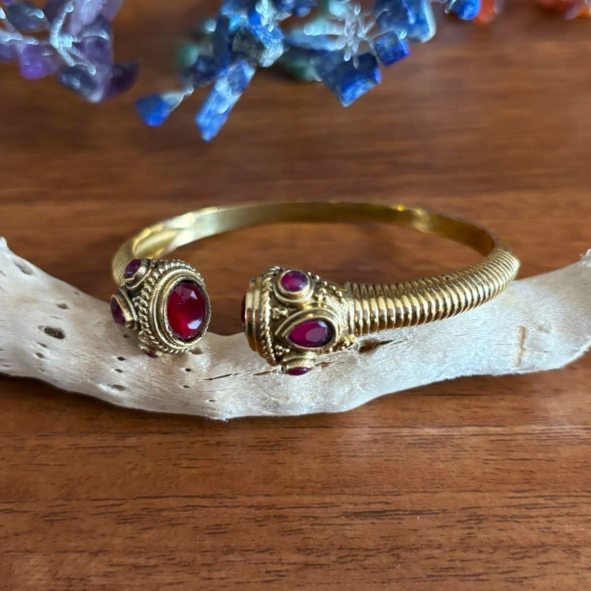 Adjustable Brass Cuff Bangle — Temple Twilight in Raspberry Red — faceted glass set in jewelled brass terminals