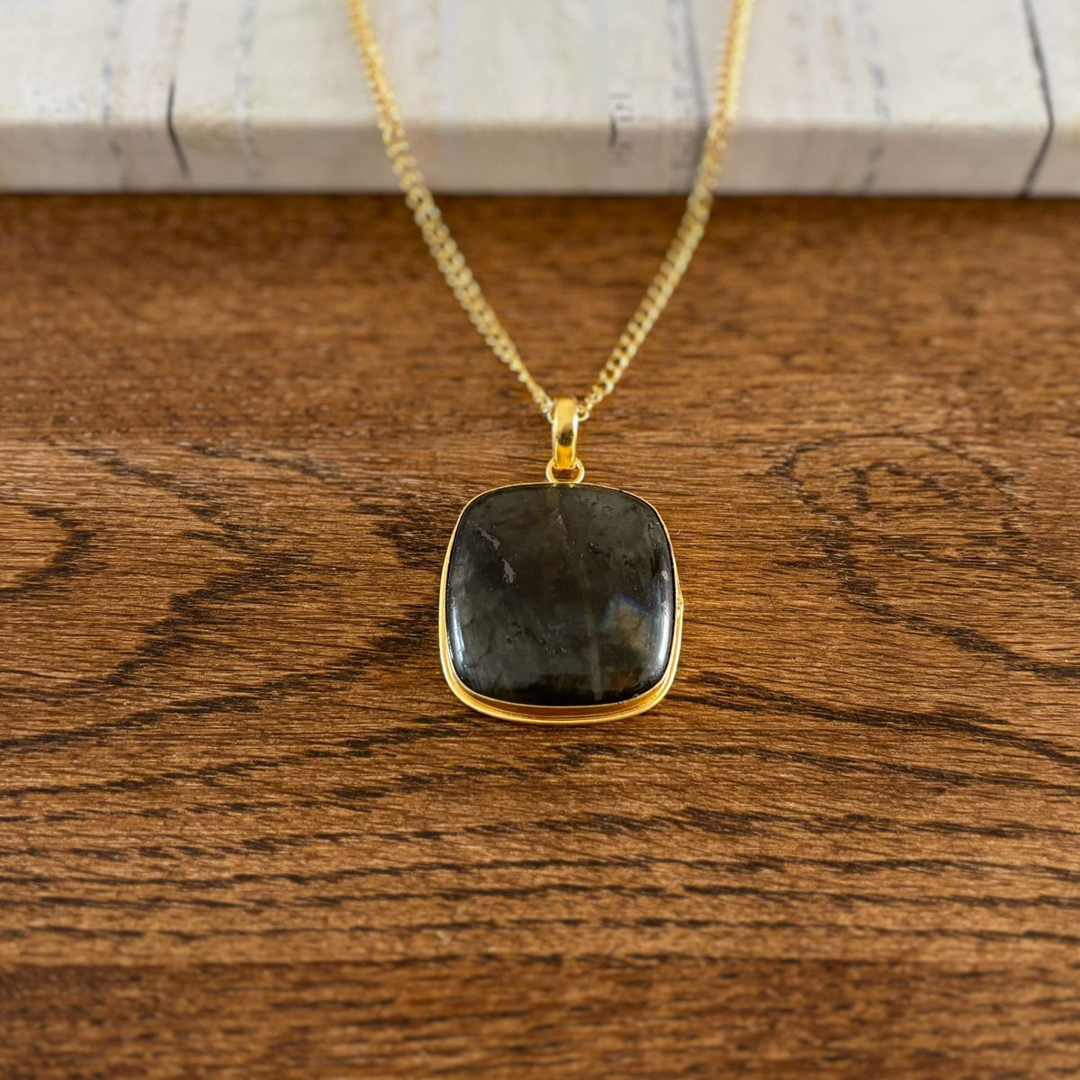 Square labradorite pendant necklace in 18k gold-plated brass with a cushion-shaped cabochon