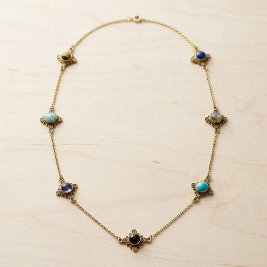 Multi-Stone Brass Station Necklace Sacred Seven - handcrafted brass necklace by Boho Mantra