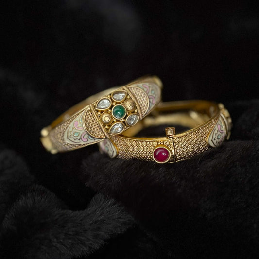 Kundan Meenakari Brass Kada Bangle — Rani Bagh, gold-polished openable kada pair by Boho Mantra