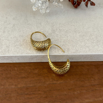 Brass Lattice Crescent Hoop Earrings — Desert Lantern, side view of the open diamond-lattice crescent and pull-through wire