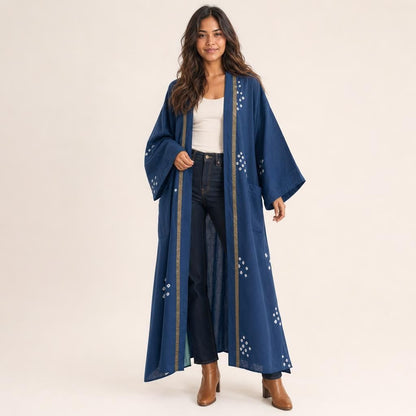 Bandhani Cotton-Silk Kimono Hidden Bloom - indigo tie-dye kimono with gold zari trim by Boho Mantra