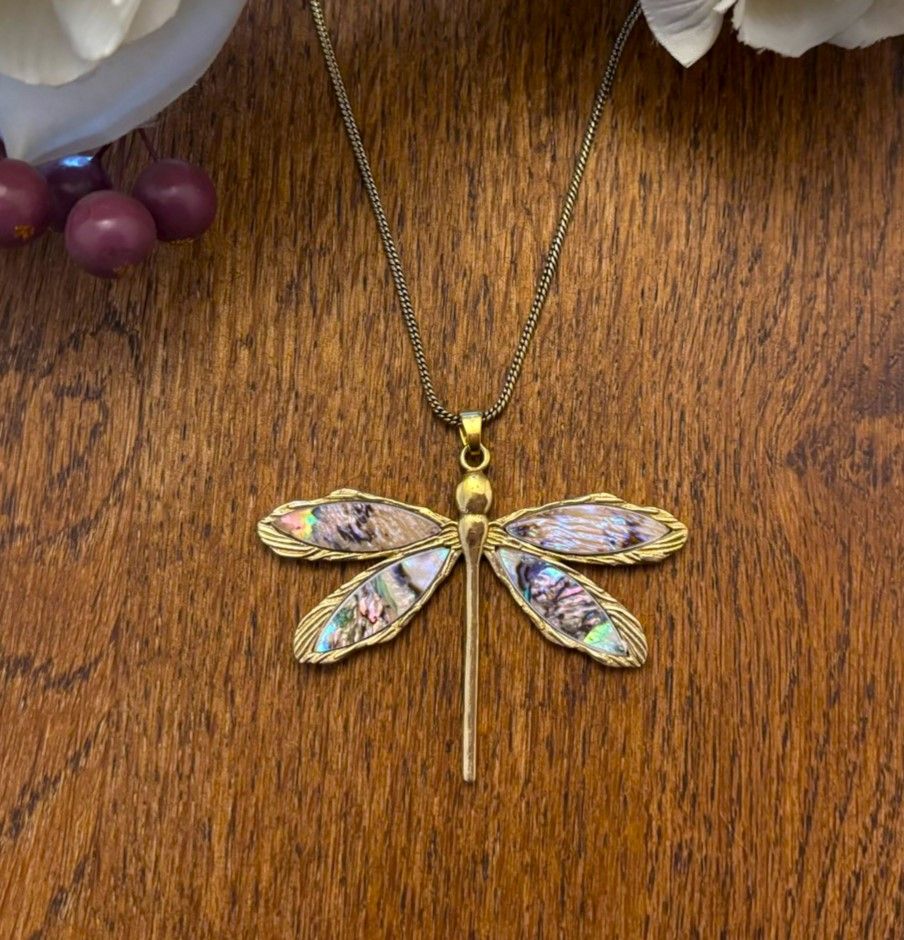 Abalone Shell Dragonfly Pendant Necklace — Rainbow Tide - brass and abalone pendant necklace by Boho Mantra