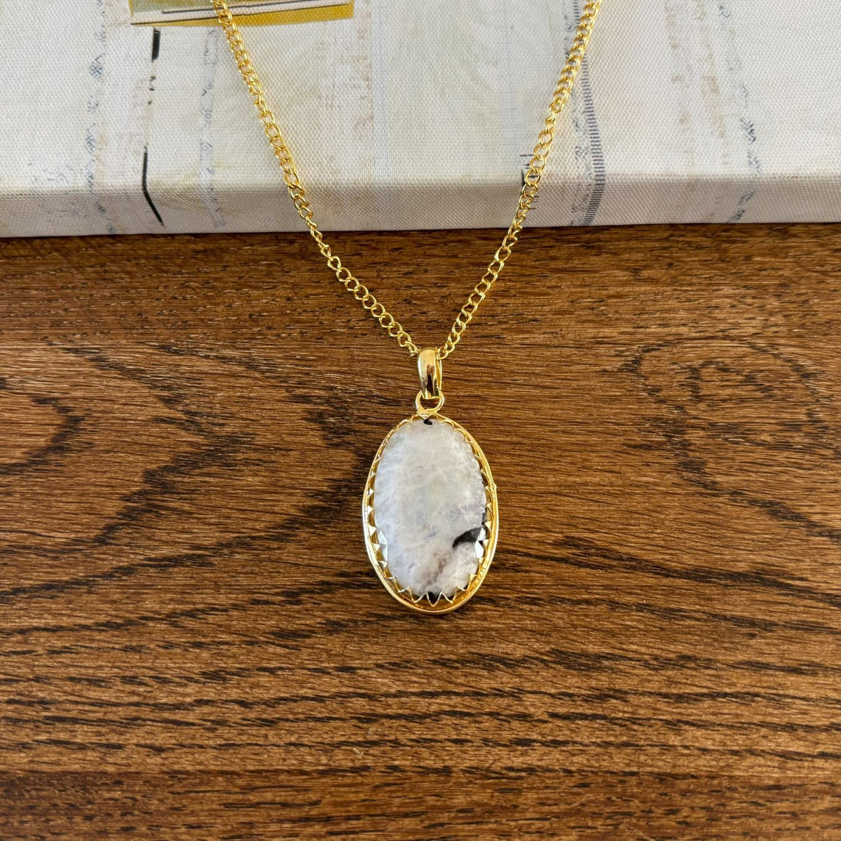 Gold-Plated Rainbow Moonstone Pendant Necklace — Moonlit Hush, oval moonstone in a crown bezel by Boho Mantra