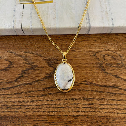 Gold-Plated Rainbow Moonstone Pendant Necklace — Moonlit Hush, oval moonstone in a crown bezel by Boho Mantra