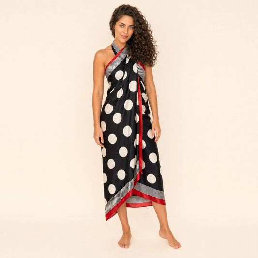 Polka Dot Satin Sarong — Riviera Drift, cream-on-black satin sarong by Boho Mantra