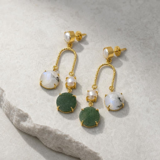 Moonstone & Aventurine Cascade Earrings — gold-plated brass dangle earrings by Boho Mantra