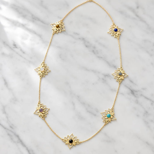 Multi-Stone Lotus Station Necklace Seven Petals - handcrafted brass lotus necklace by Boho Mantra