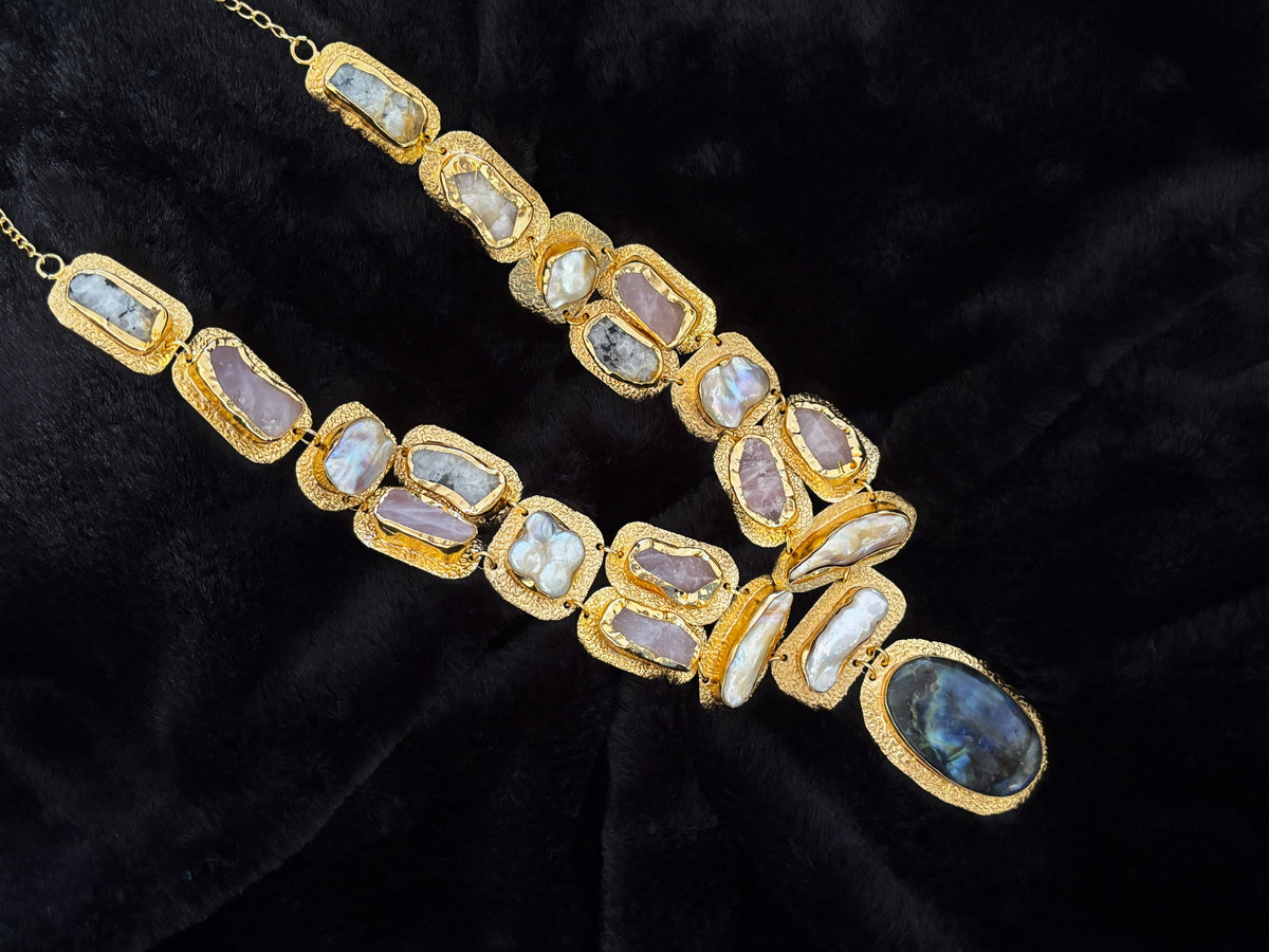 Boho Mantra Luxe Multi-Gemstone Statement Necklace – 18K Gold Plated