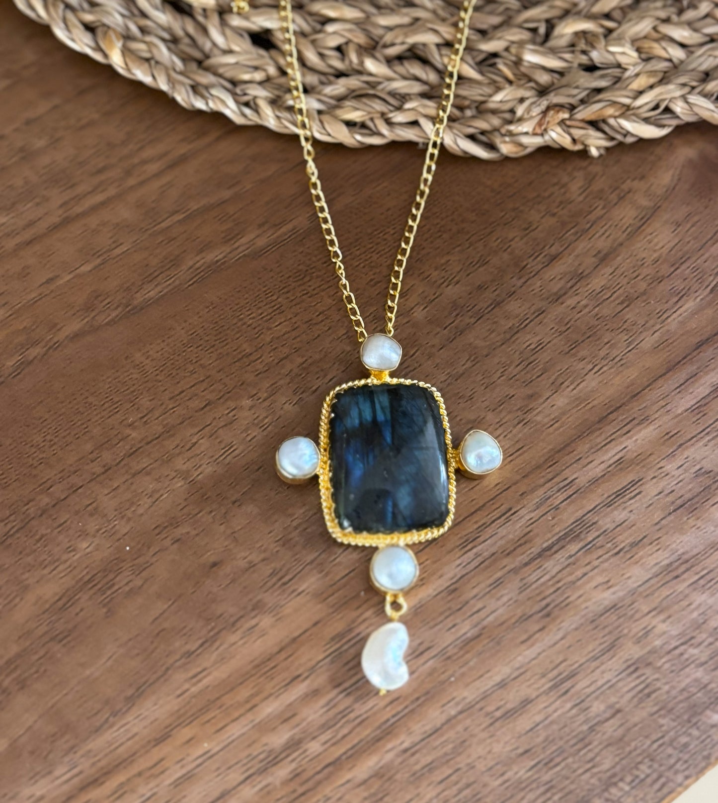 Handcrafted 18K Gold Plated Gemstone & Pearl Pendant.