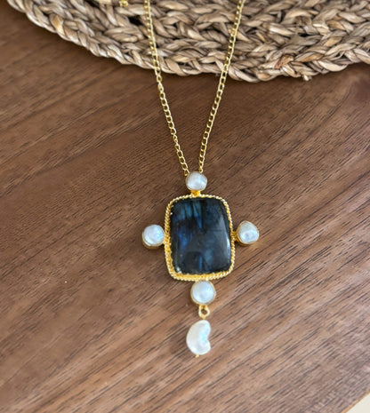 Handcrafted 18K Gold Plated Gemstone & Pearl Pendant.
