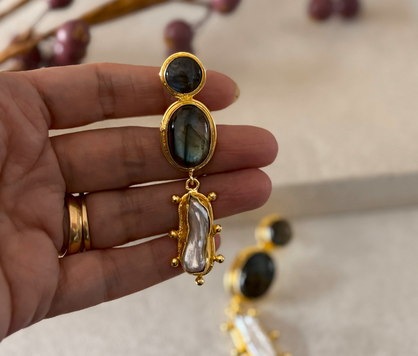 18K Gold-Plated Brass  Drop Earrings with Natural Gemstones.