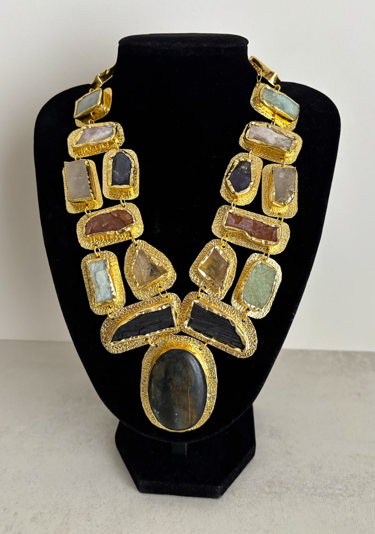 Boho Mantra Luxe Multi-Gemstone Statement Necklace – 18K Gold Plated