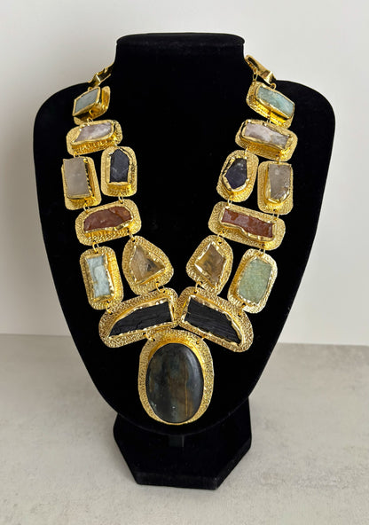 Boho Mantra Luxe Multi-Gemstone Statement Necklace – 18K Gold Plated