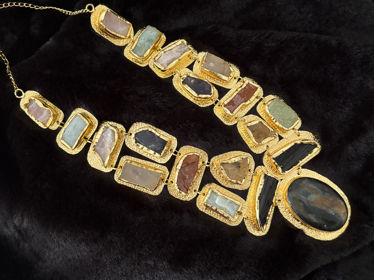 Boho Mantra Luxe Multi-Gemstone Statement Necklace – 18K Gold Plated