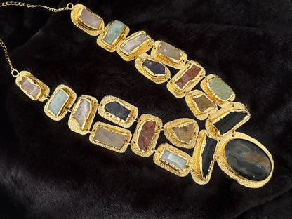 Boho Mantra Luxe Multi-Gemstone Statement Necklace – 18K Gold Plated