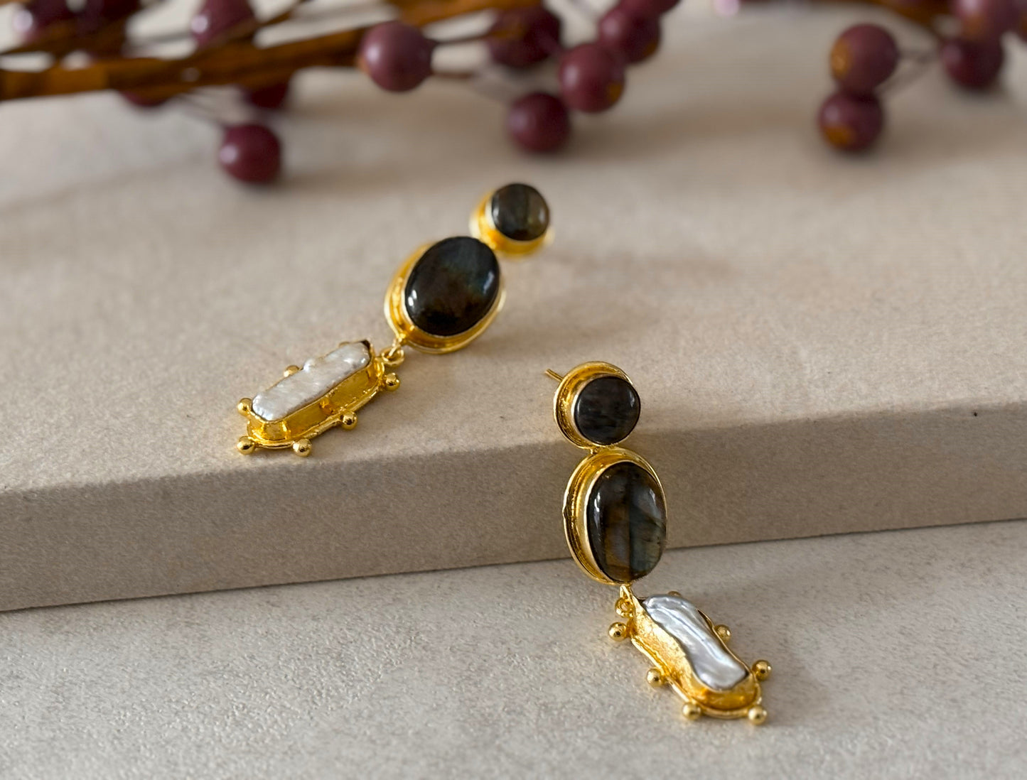 18K Gold-Plated Brass  Drop Earrings with Natural Gemstones.