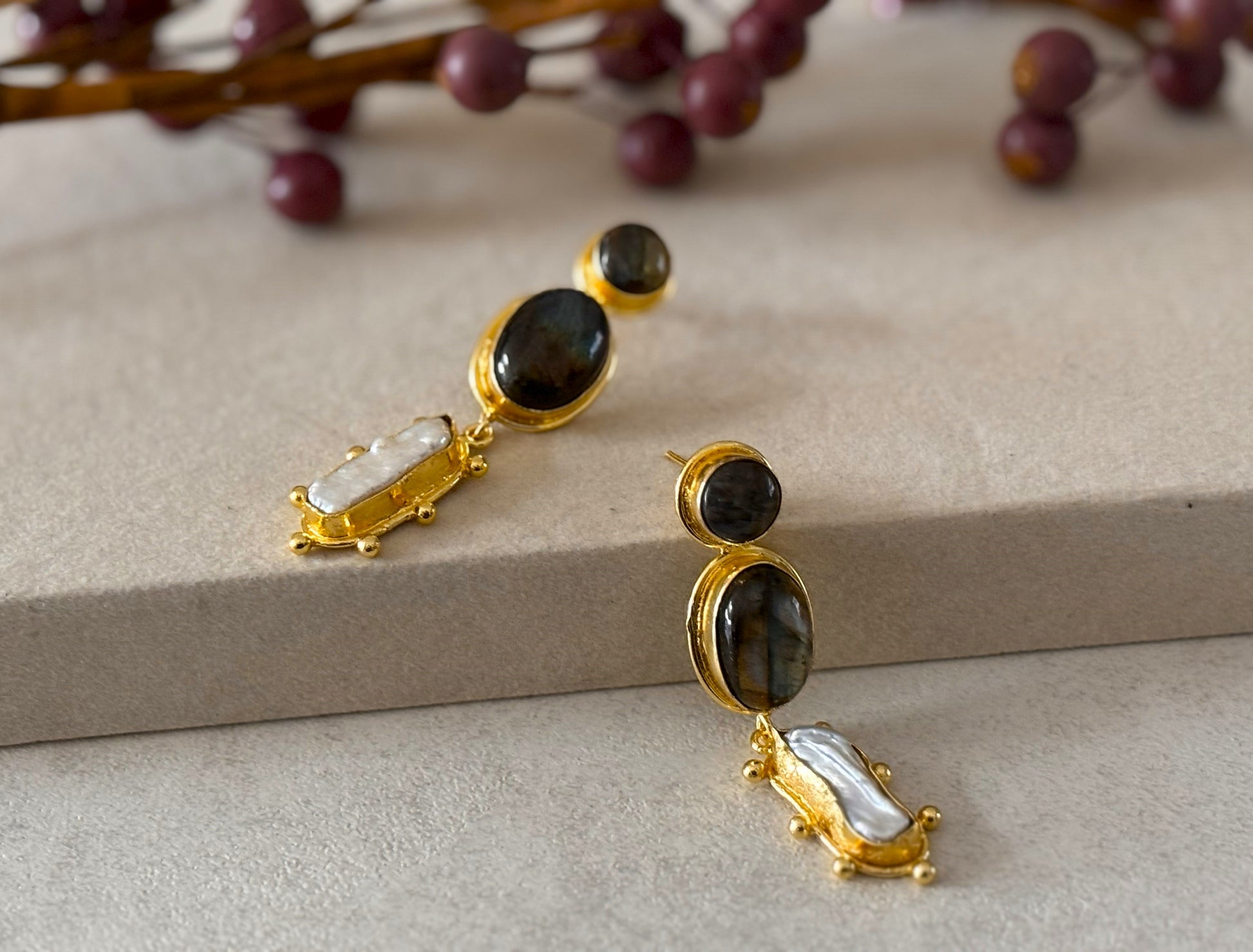 18K Gold-Plated Brass  Drop Earrings with Natural Gemstones.