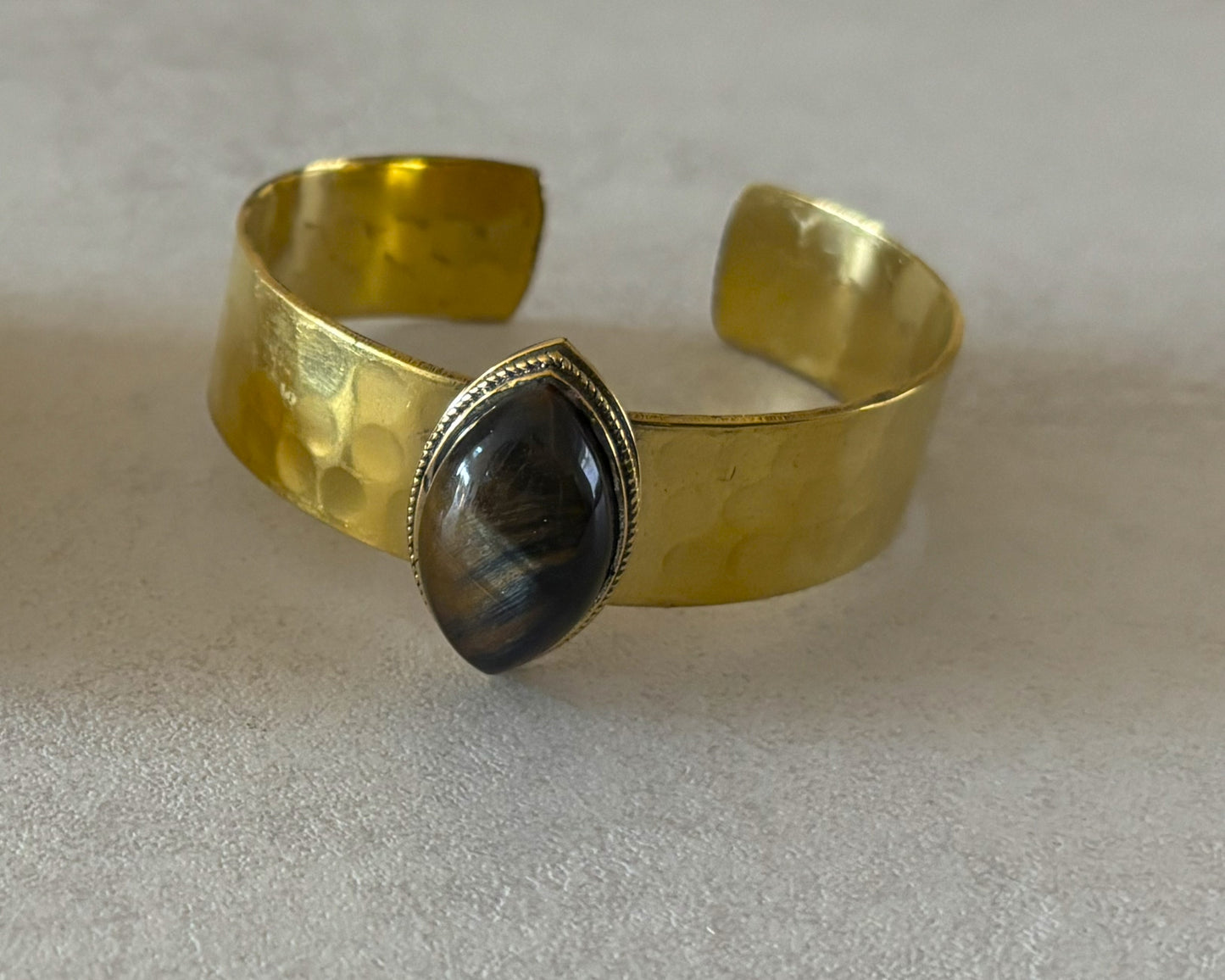 Teardrop Gemstone Hammered Brass Adjustable Cuff Bracelet