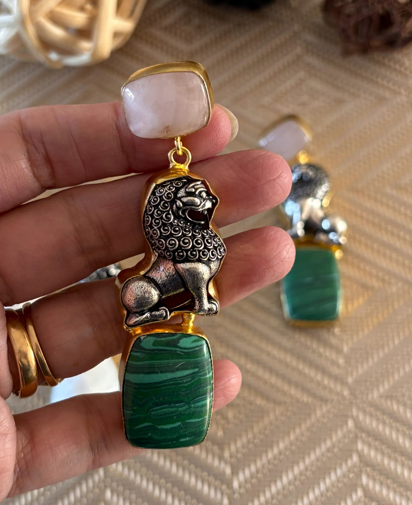 Lion Charm Statement Earrings with Natural Stone Drops
