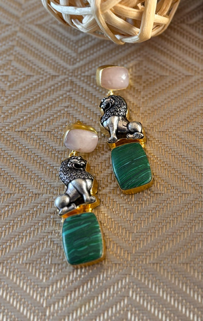 Lion Charm Statement Earrings with Natural Stone Drops