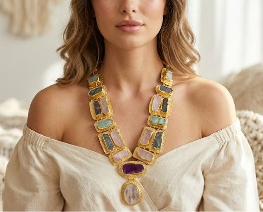 Boho Mantra Luxe Multi-Gemstone Statement Necklace – 18K Gold Plated Brass