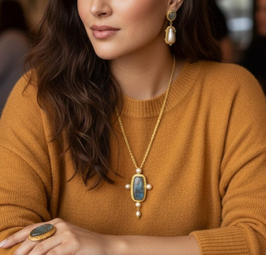 Handcrafted 18K Gold Plated Gemstone & Pearl Pendant.