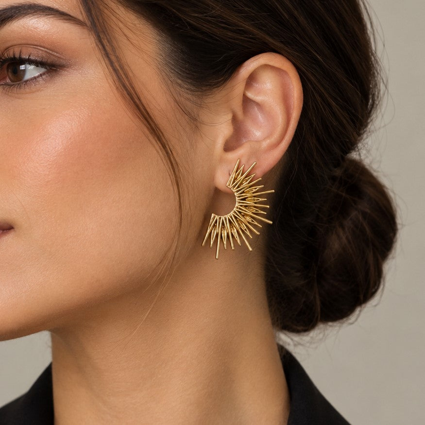 Brass Sunburst Stud Earrings — Solar Flare