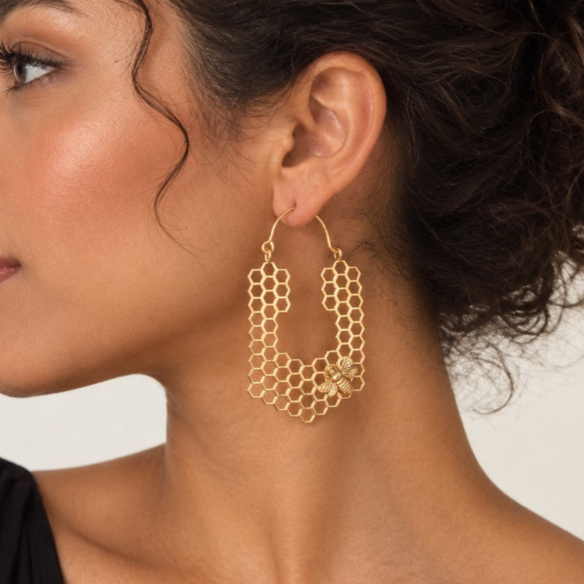 Honeycomb Bee Brass Hoop Earrings — Golden Hive