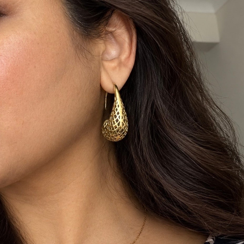 Brass Lattice Crescent Hoop Earrings — Desert Lantern