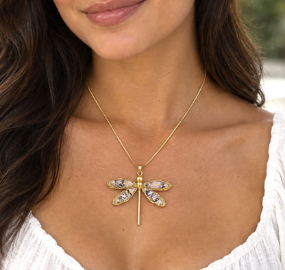 Abalone Shell Dragonfly Pendant Necklace — Rainbow Tide