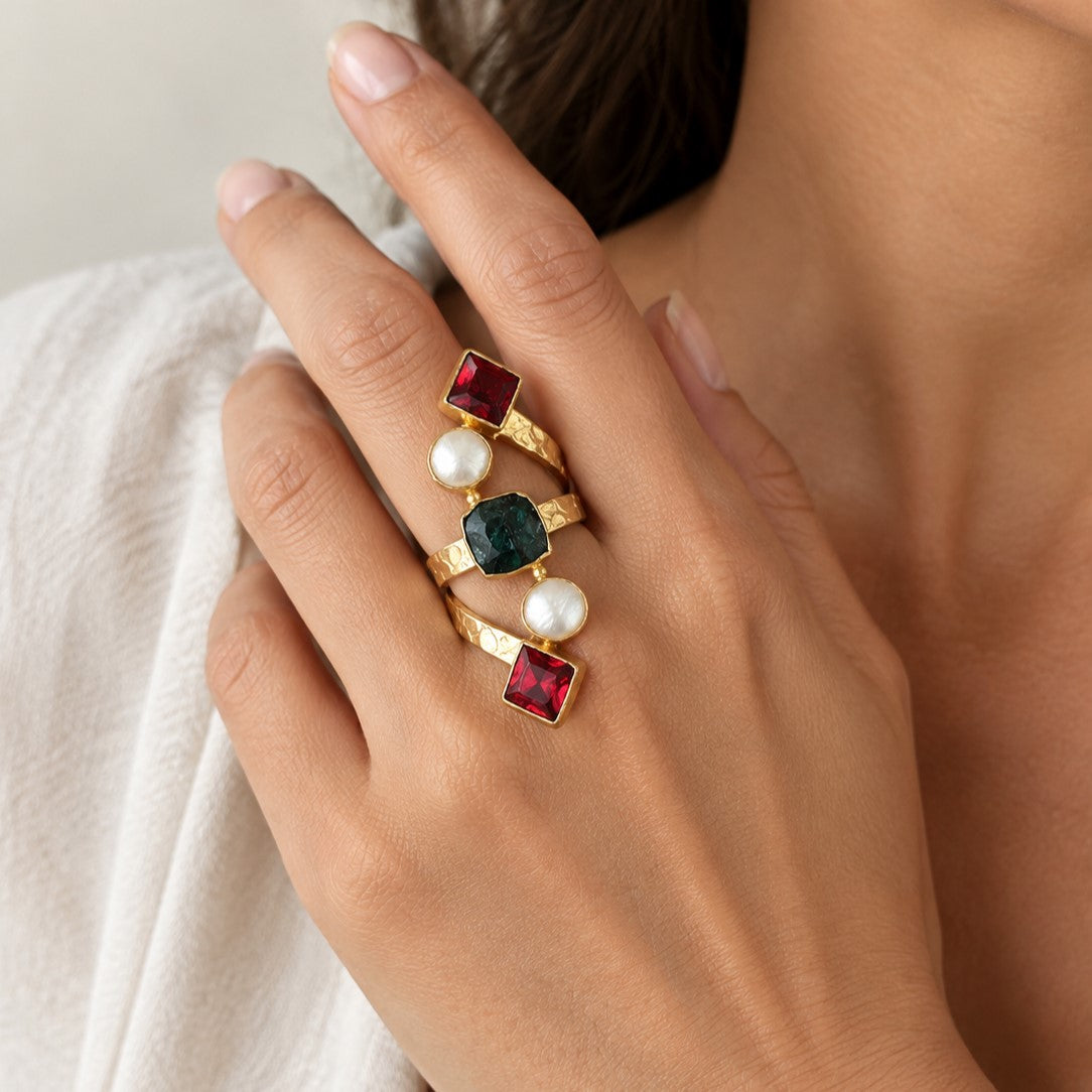 Natural Gemstone & Pearl Wrap Ring — Mughal Garden