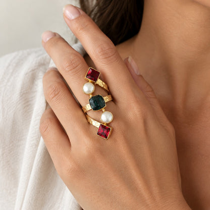 Natural Gemstone & Pearl Wrap Ring — Mughal Garden