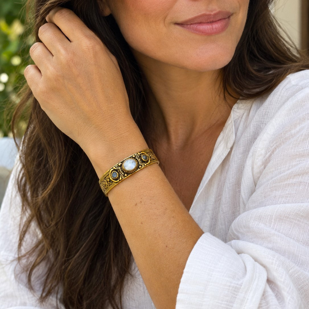 Natural Stone Brass Cuff Bangle — Aurora Moon