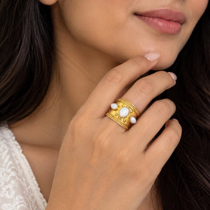 Byzantine Gemstone Statement Ring — Temple Relic in gold with moonstone, worn on the ring finger, by Boho Mantra
