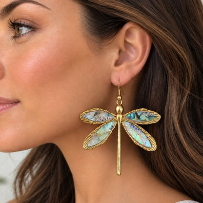 Abalone Shell Dragonfly Earrings — Rainbow Tide