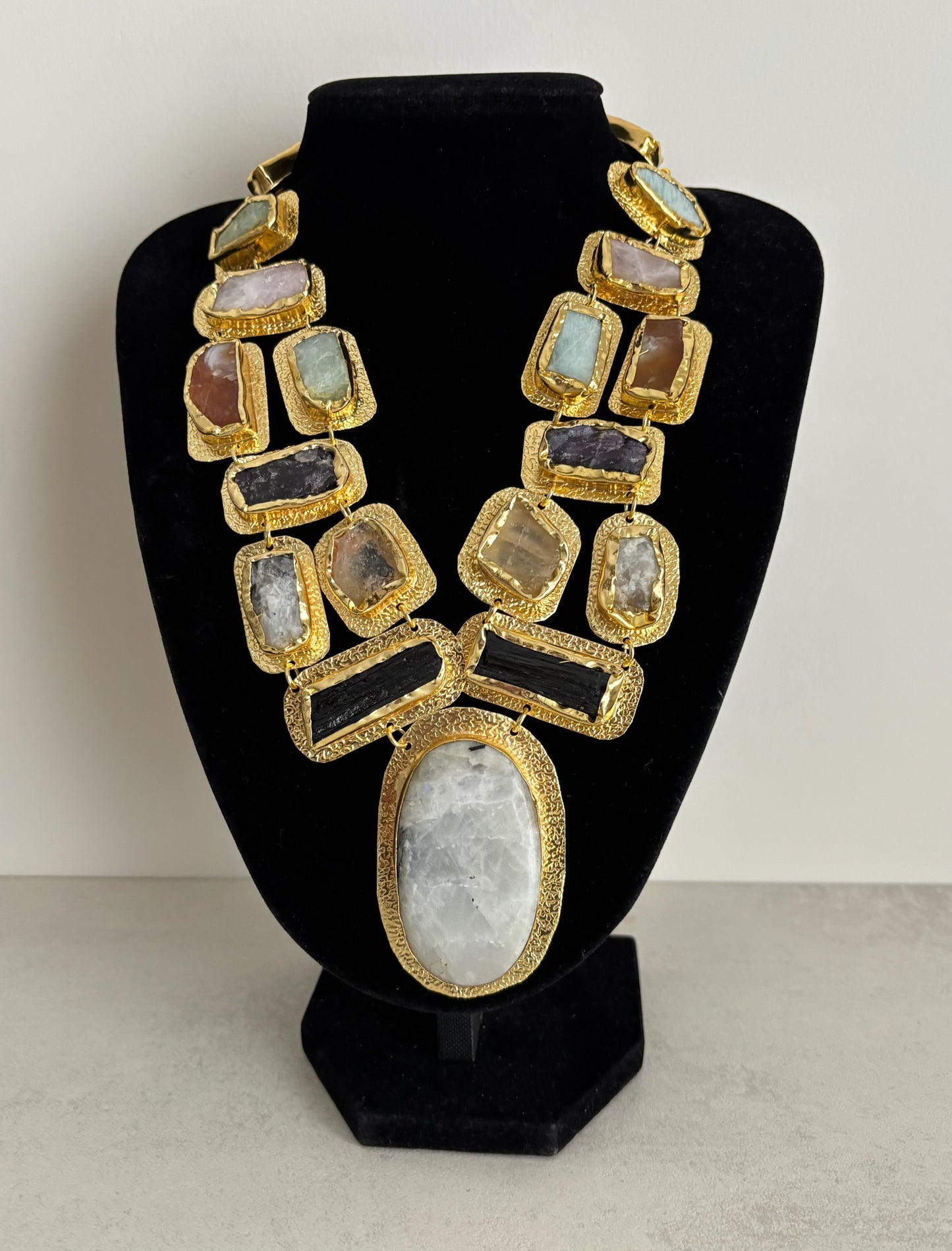 Boho Mantra Luxe Multi-Gemstone Statement Necklace – 18K Gold Plated