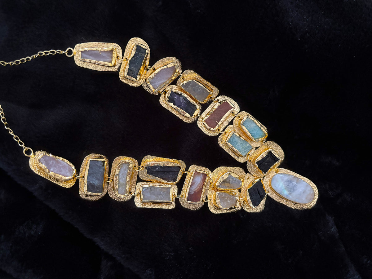 Boho Mantra Luxe Multi-Gemstone Statement Necklace – 18K Gold Plated