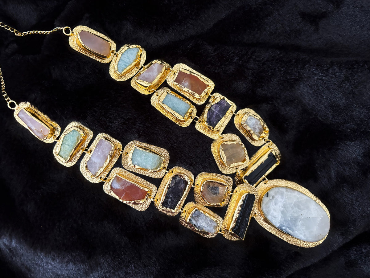 Boho Mantra Luxe Multi-Gemstone Statement Necklace – 18K Gold Plated