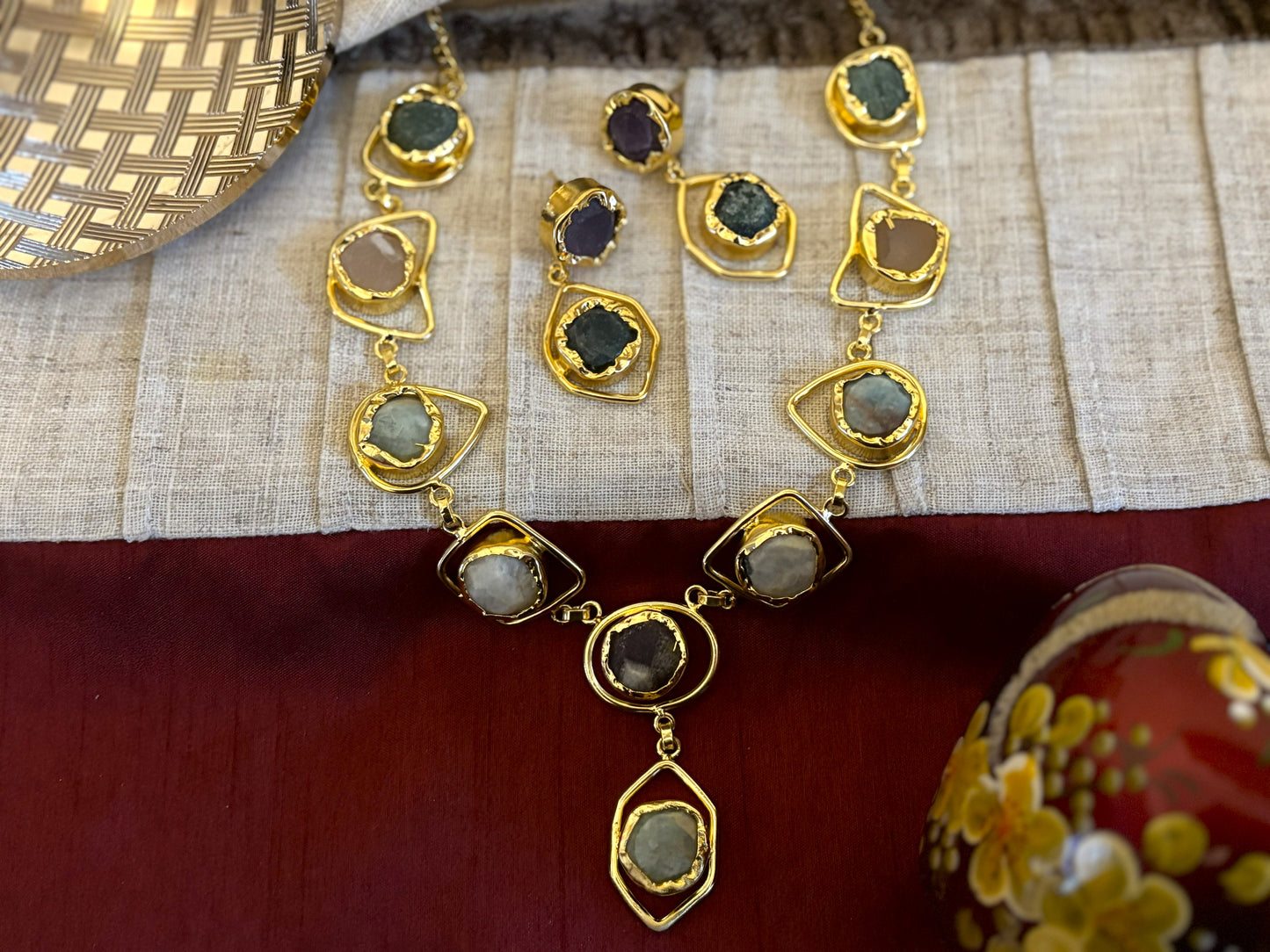 Raw Multi-Gemstone Statement Necklace & Earrings Set