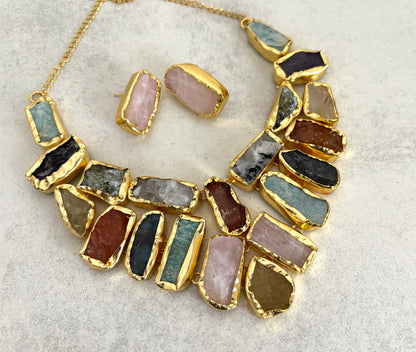 Raw Necklace & Stud Earring Set – 18k Gold Plated