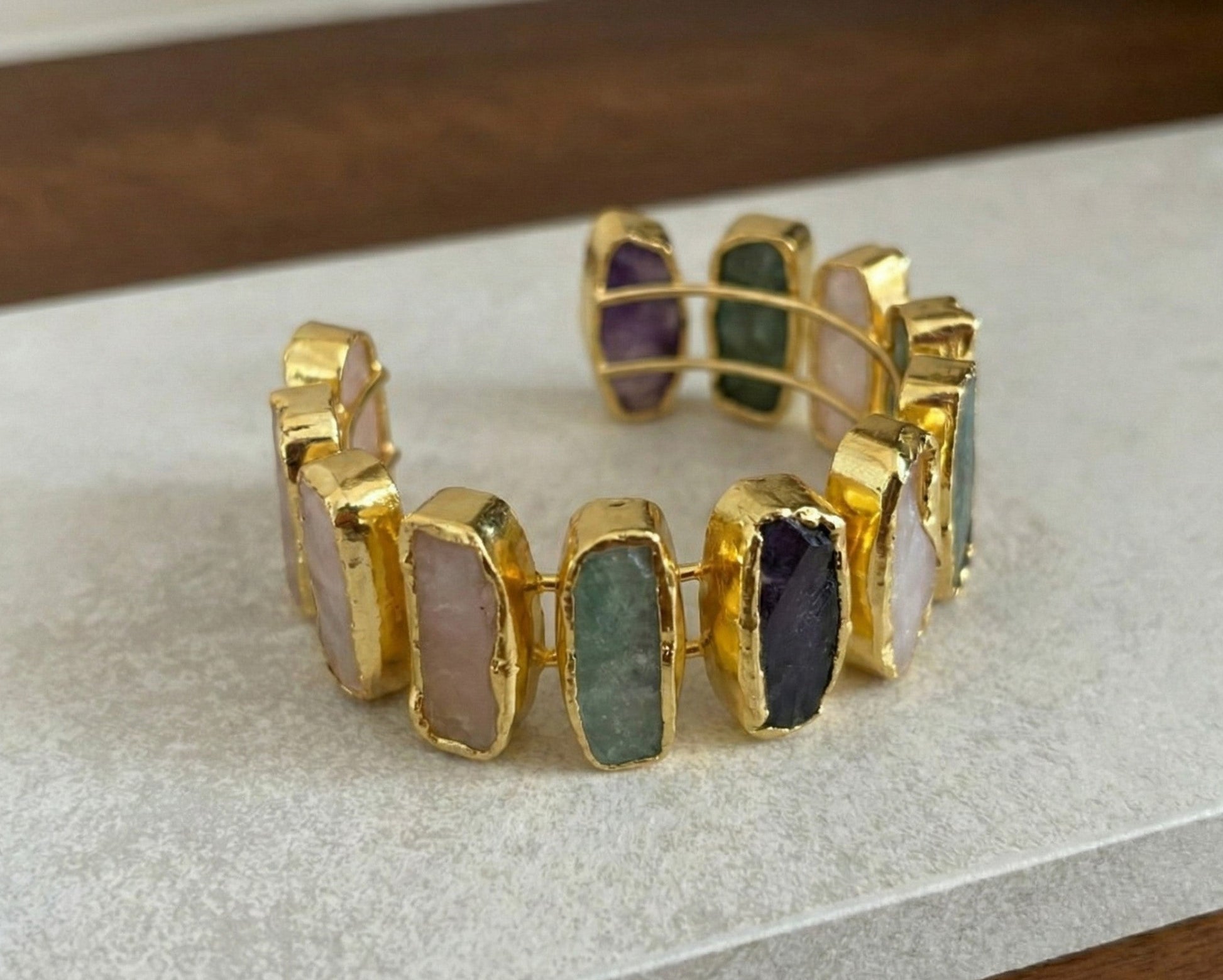 18K Gold Plated Open Cuff Bracelet with Natural Stone Segments.