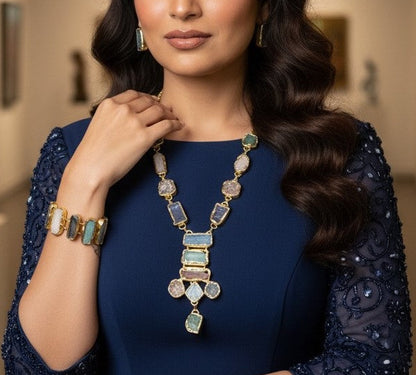 Raw Multi-Gemstone Statement Necklace & Earrings Set – 18K Gold-Plated jewellery Set..